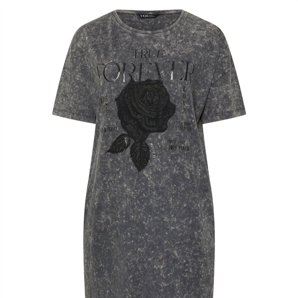 Yours | Plus Size - Acid wash Grey Rose Graphic Print T-Shirt Dress - NWT